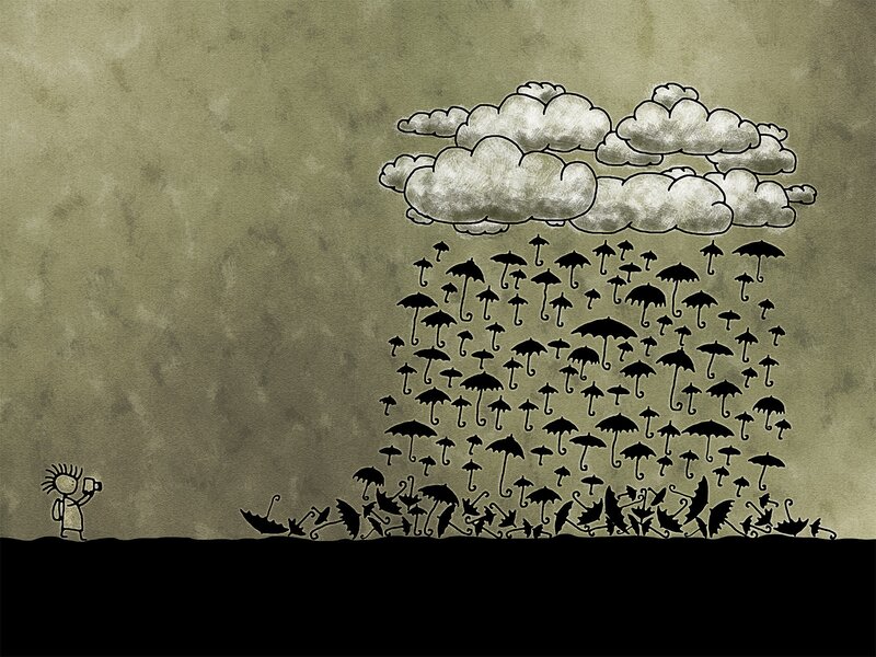 umbrellas falling from clouds