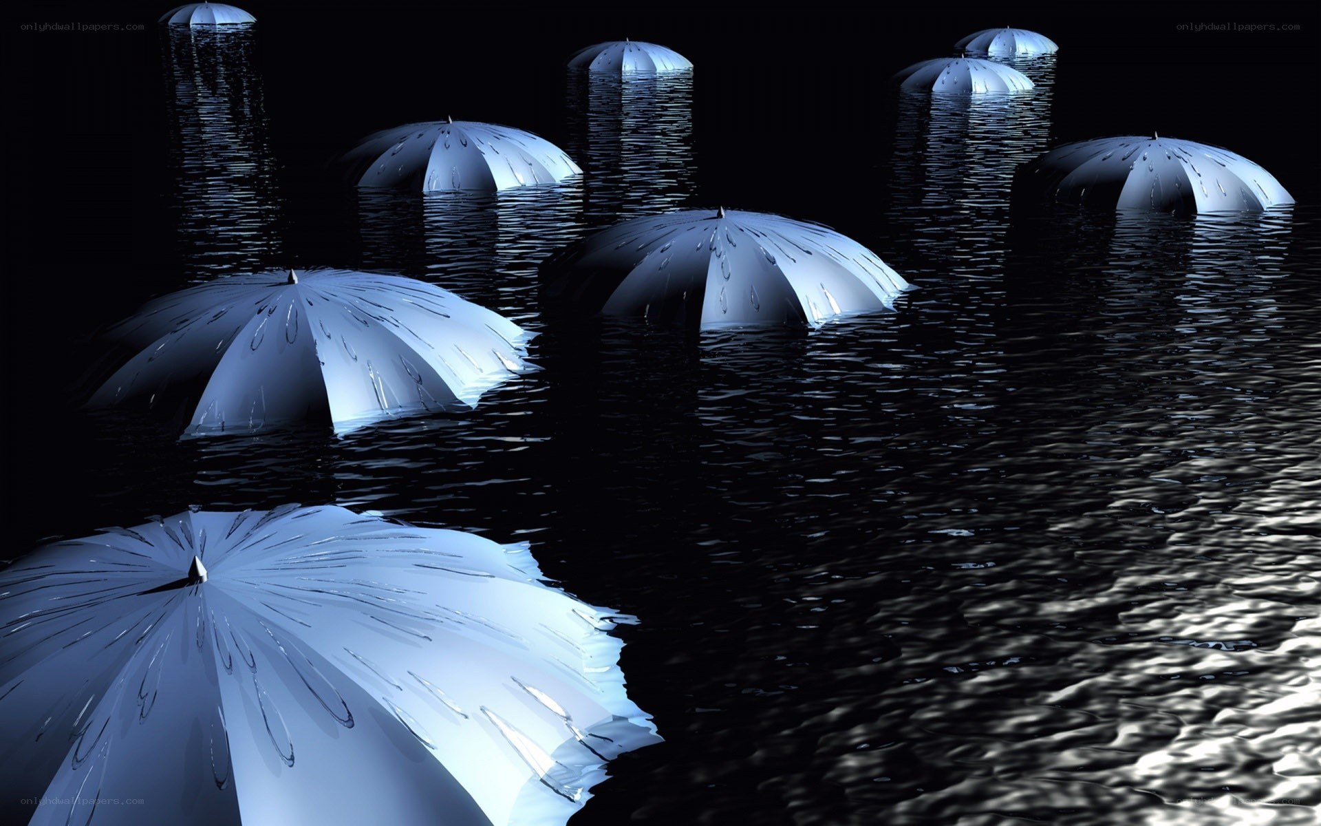 Umbrellas floating in dark water