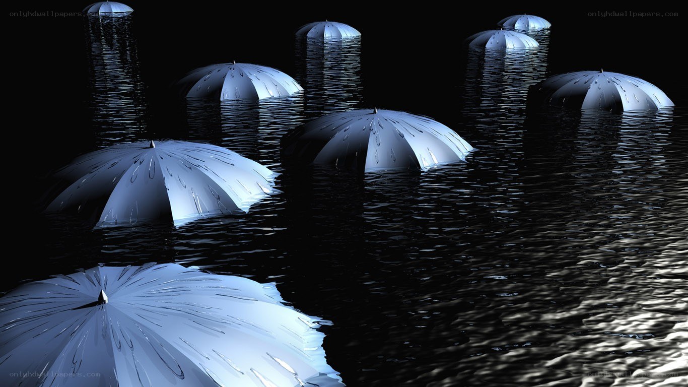 Umbrellas floating in dark water