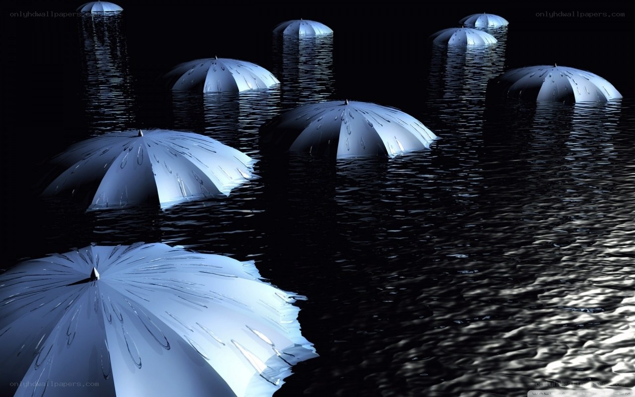Umbrellas floating in dark water