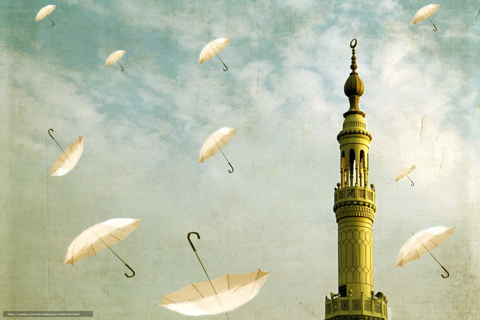 Umbrellas floating near minaret