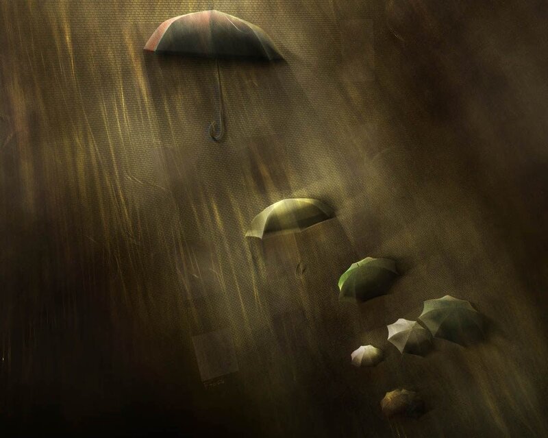 Umbrellas in a rainstorm
