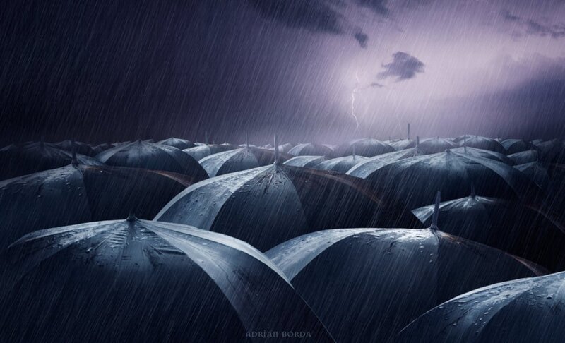 Umbrellas in Rainstorm