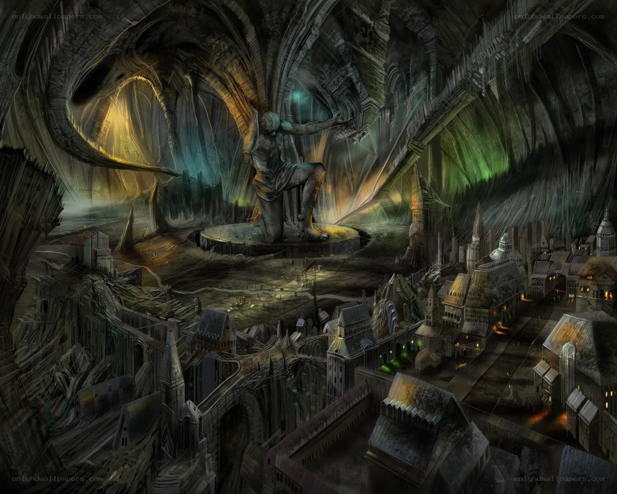 Underground city with giant statue