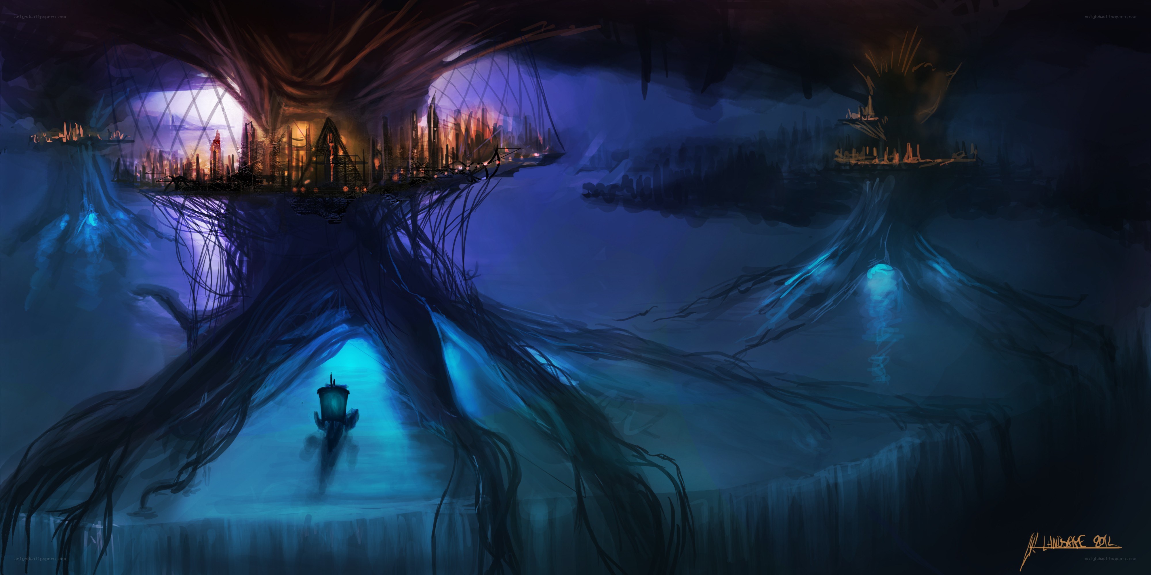 Underground city with glowing roots