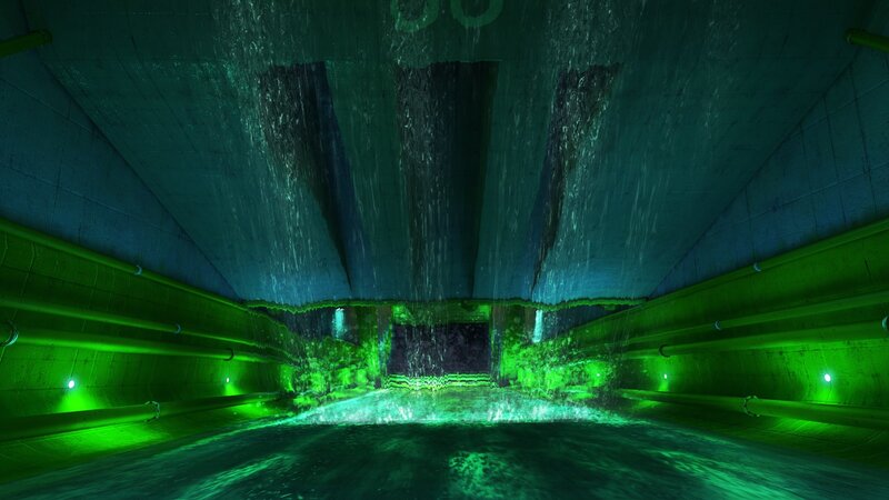 underground tunnel with green lighting