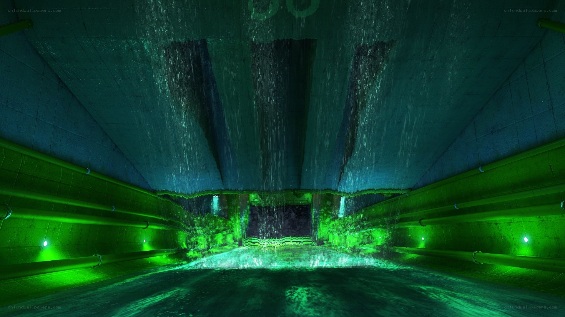 underground tunnel with green lighting