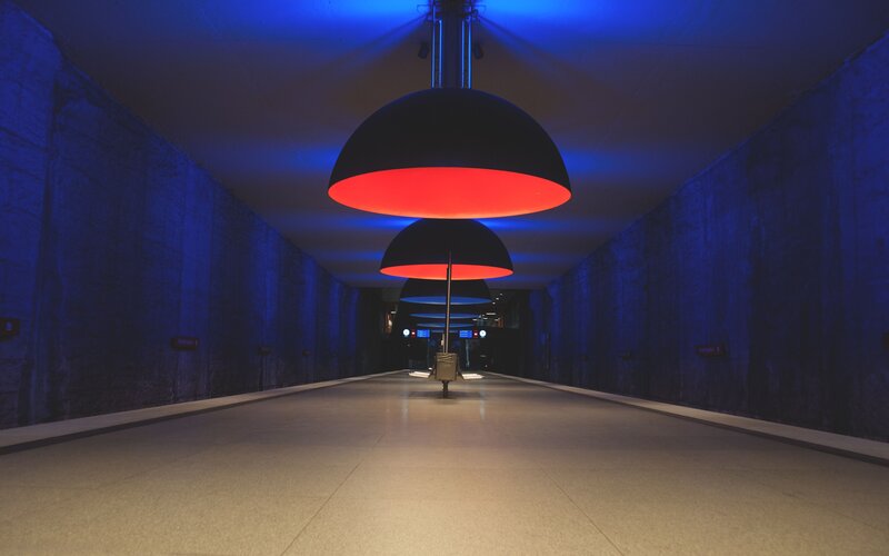 Underground tunnel with red lights