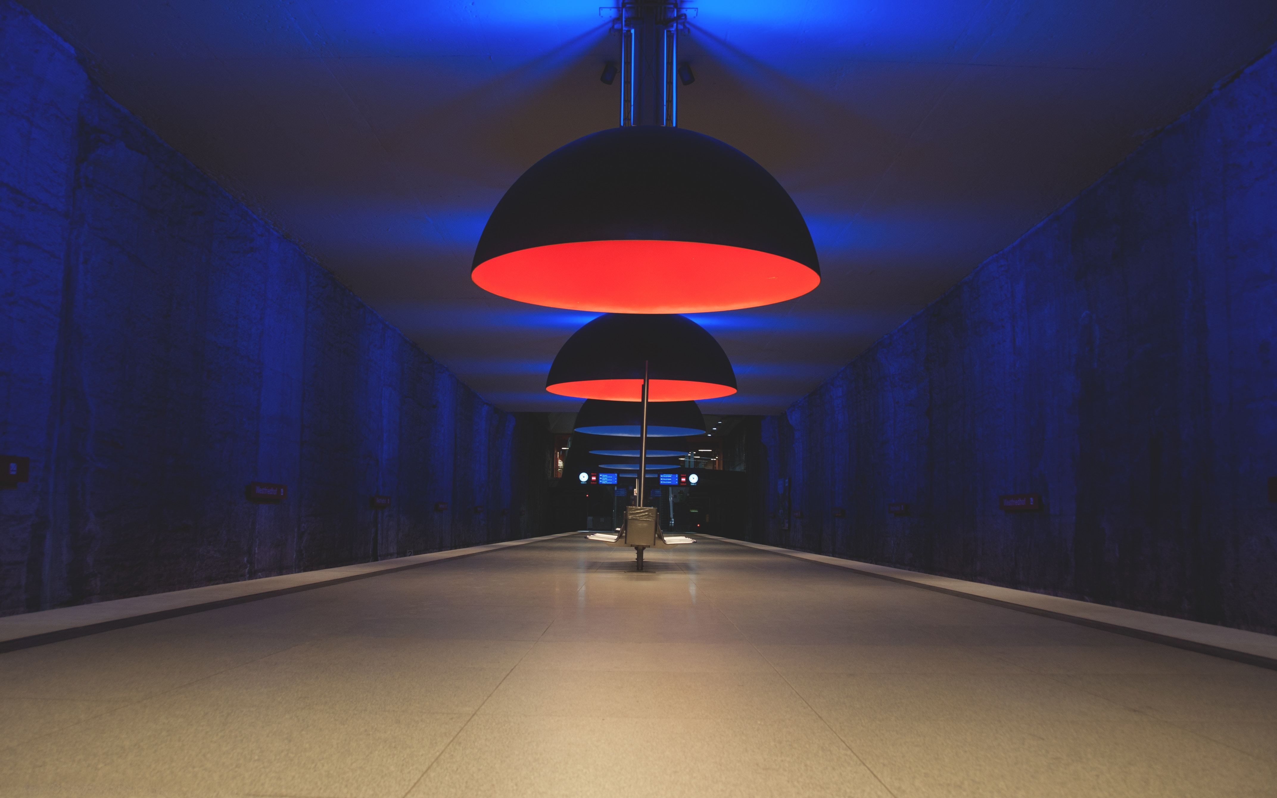 Underground tunnel with red lights
