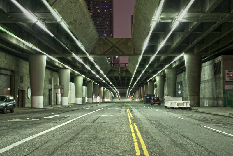 Underpass at night in city