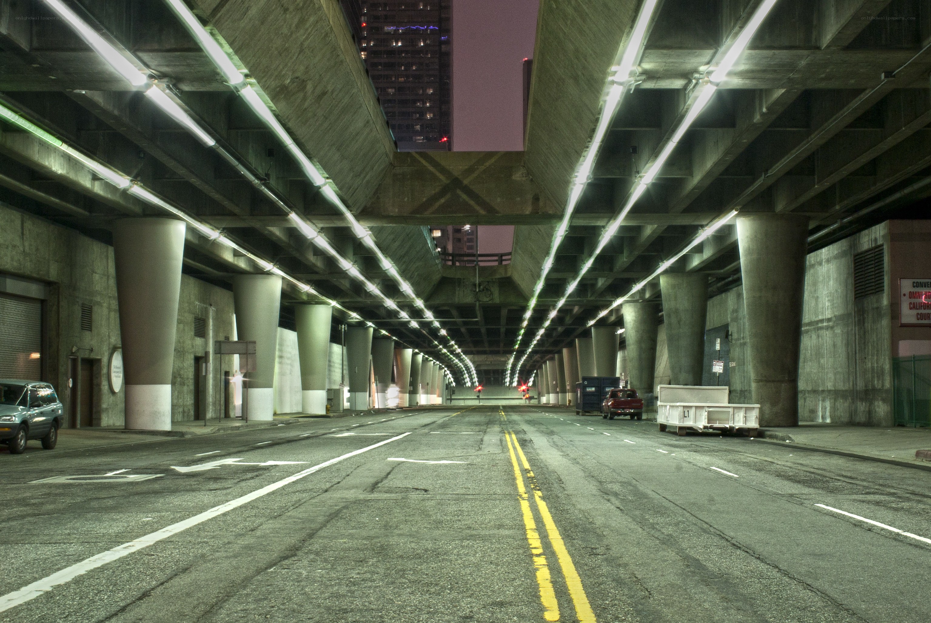 Underpass at night in city