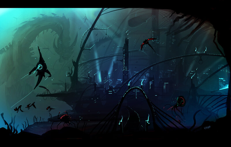 underwater alien cityscape