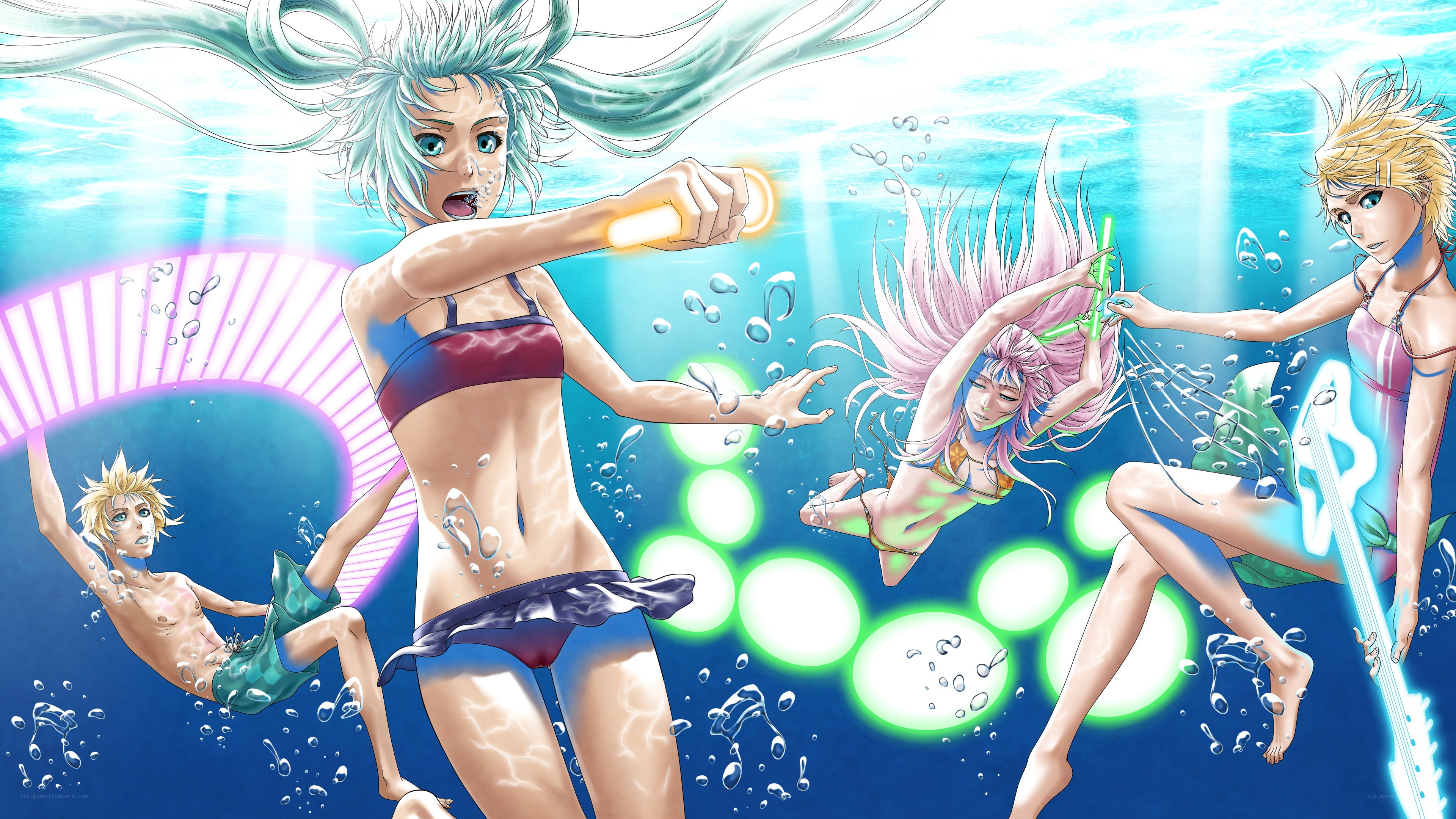 Underwater anime characters swimming