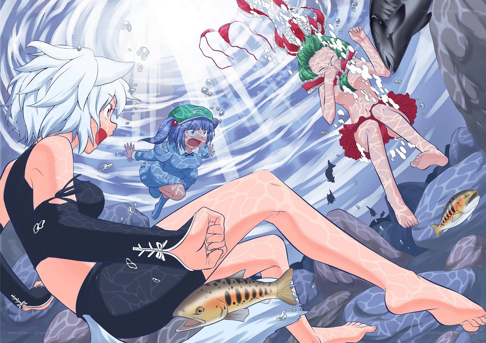 Underwater anime scene with characters