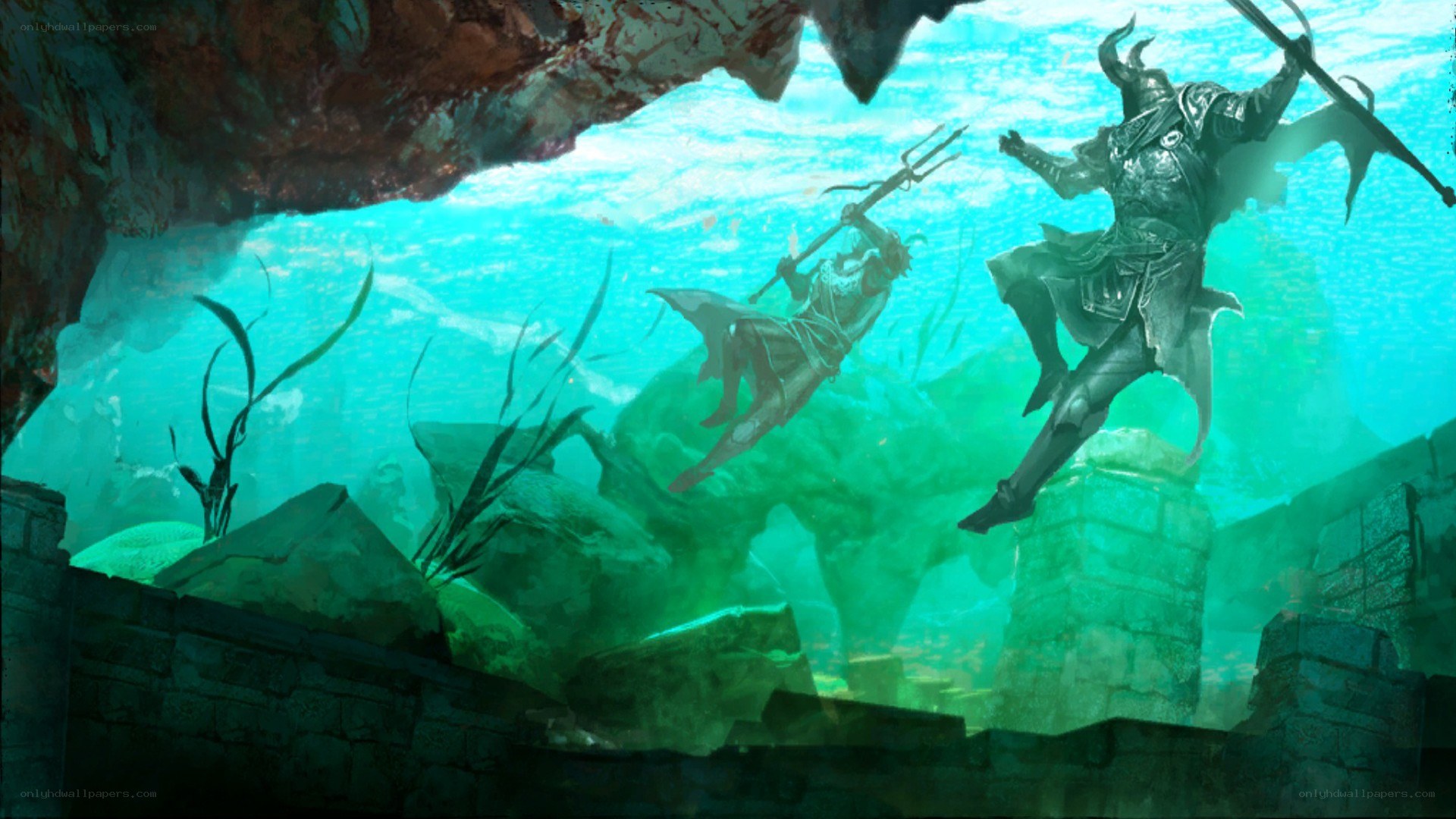 Underwater battle in ruins