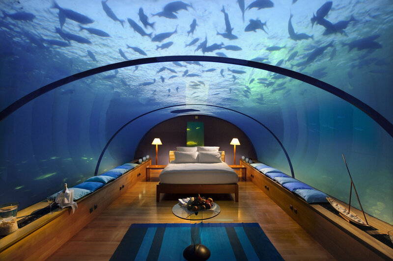 Underwater Bedroom — Blue, Serene, Photograph, Bed, Fish, Lamp, Brown, White