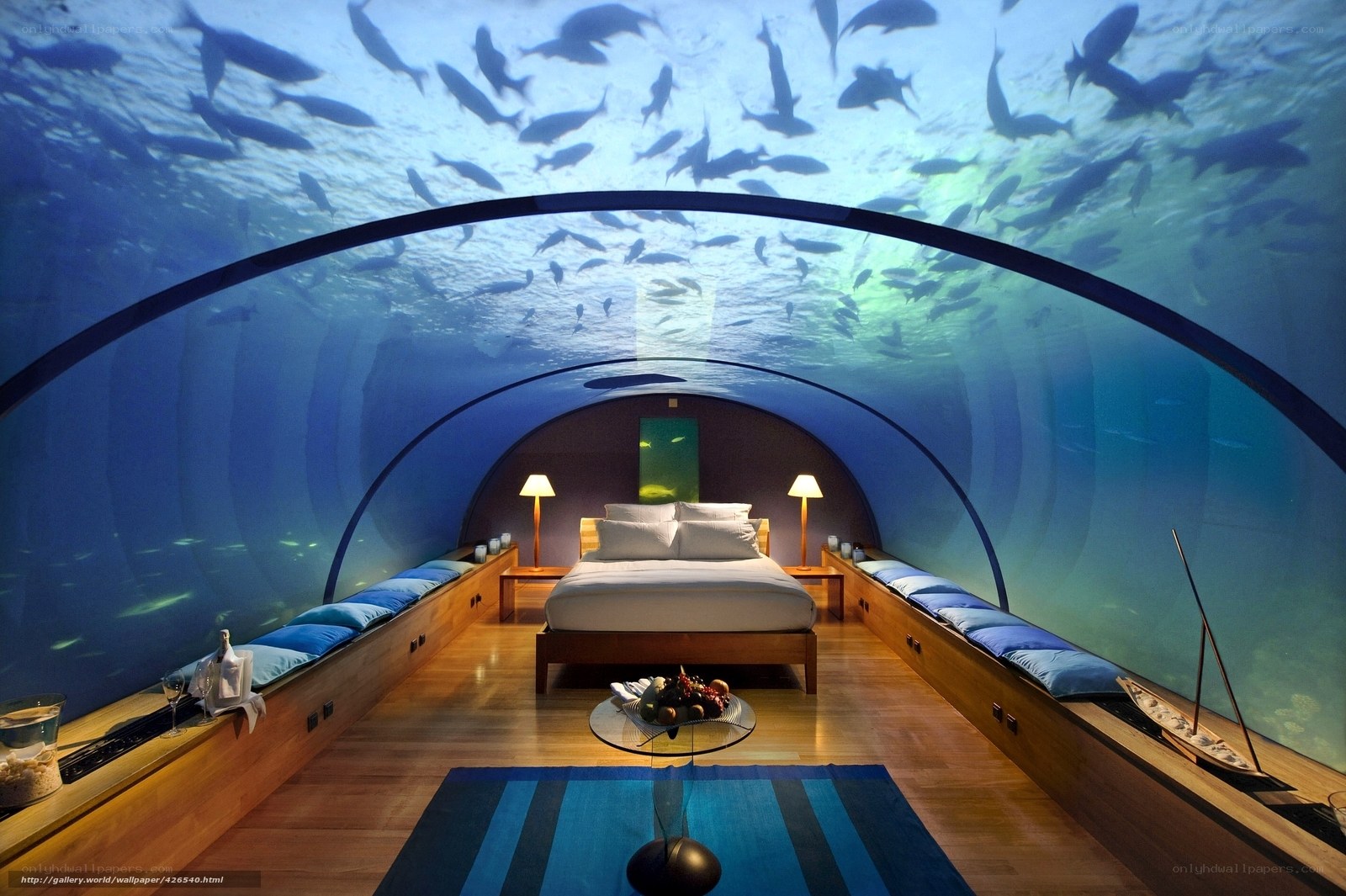 Underwater bedroom with fish