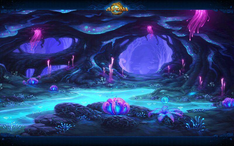 Underwater cave with glowing flora
