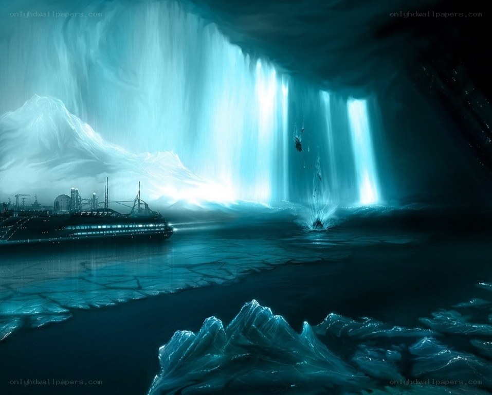 Underwater cave with glowing waterfall