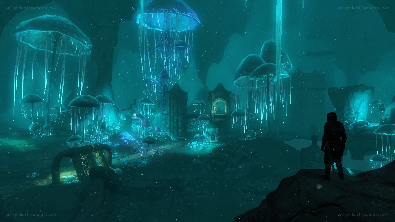 underwater cave with jellyfish
