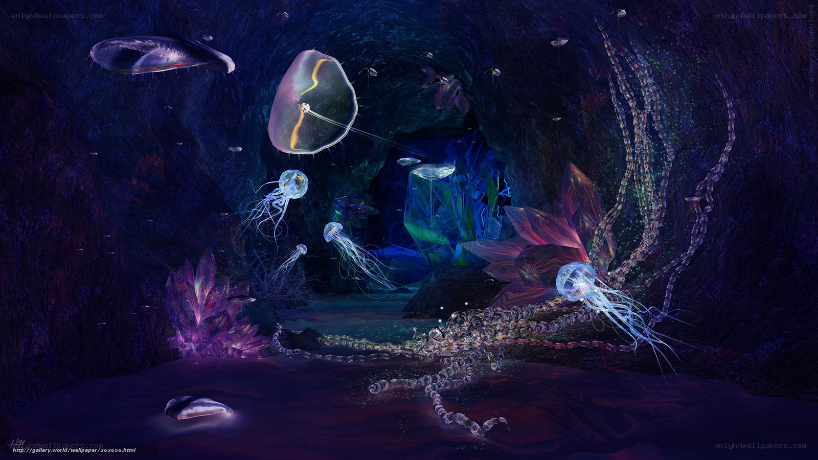 Underwater cave with jellyfish