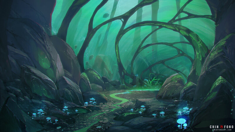 Underwater Cave with Mushrooms