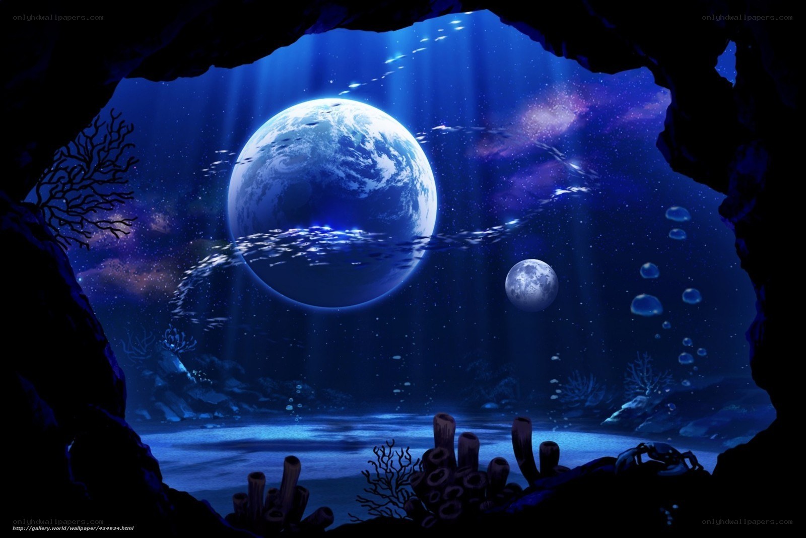 Underwater cave with planet view