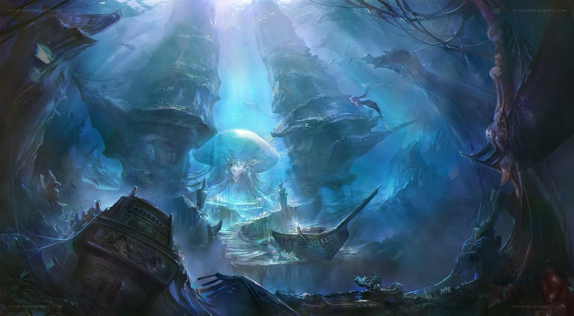 Underwater cave with shipwrecks