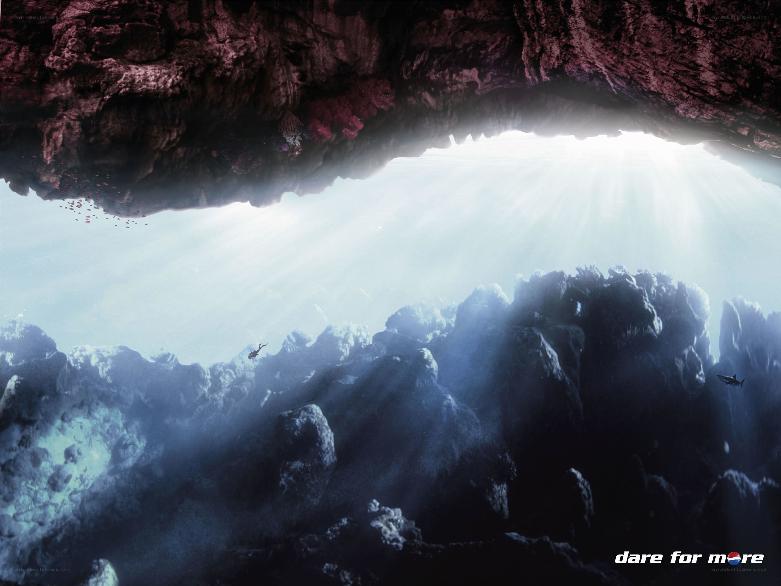 Underwater cave with sunlight