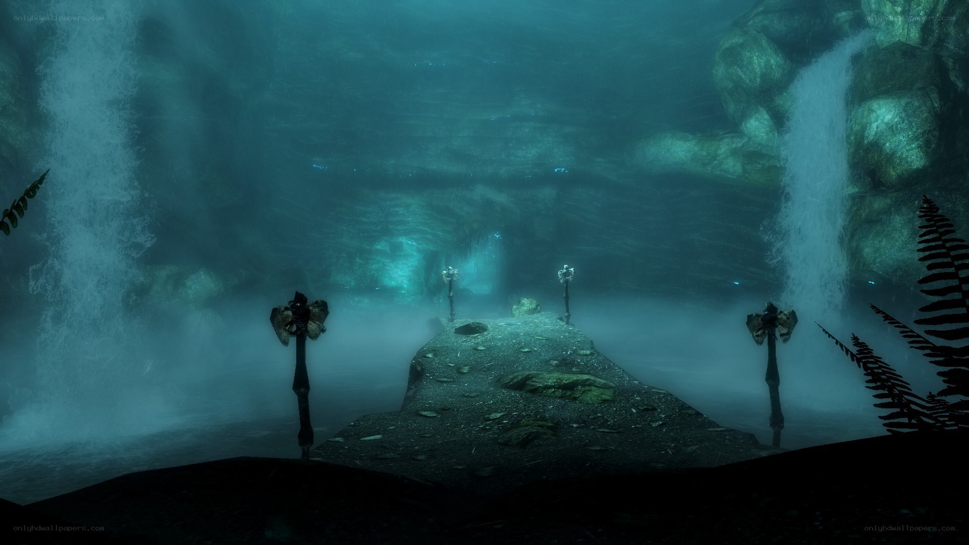 underwater cave with waterfalls