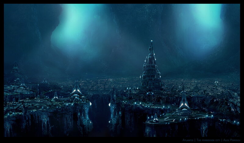 Underwater City Ruins — Blue, Dramatic, Digital Art
