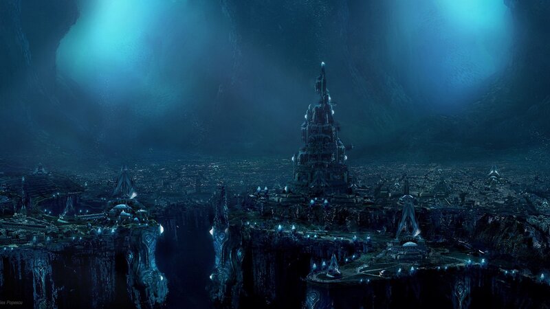 Underwater City Ruins — Blue, Dramatic, Digital Art, Tower, Cave