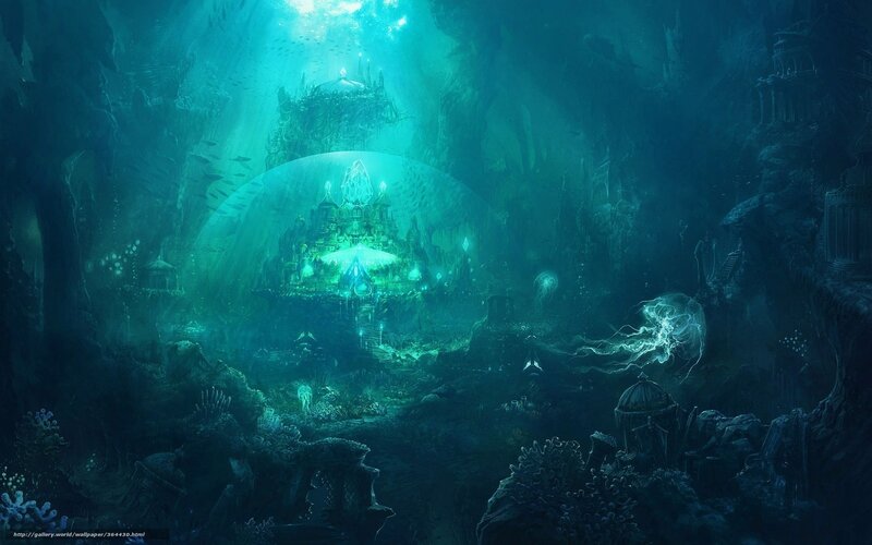 Underwater City Ruins — Blue, Mysterious, Digital Art, Jellyfish