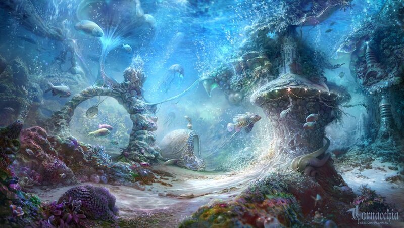 Underwater City Ruins — Blue, Serene, Digital Art, Fish, Coral