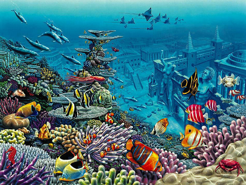 Underwater City Ruins — Blue, Serene, Illustration