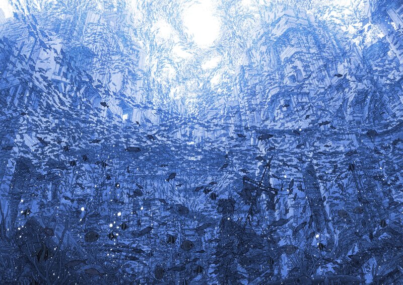 Underwater City Ruins — Blue, Serene, Manga