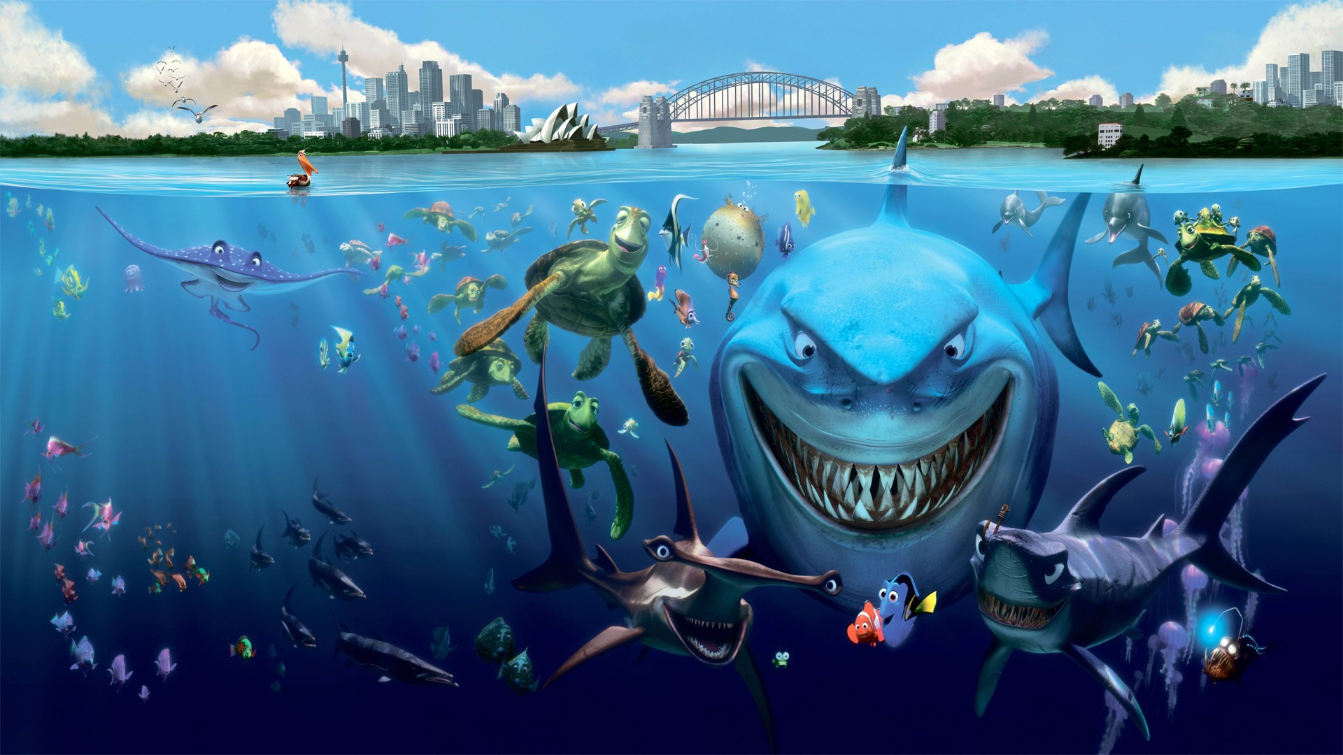 Underwater city scene with sea creatures