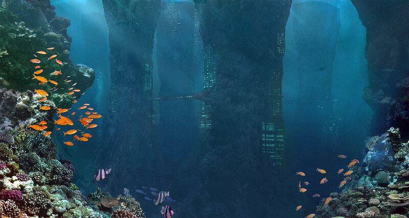 underwater city with coral reefs