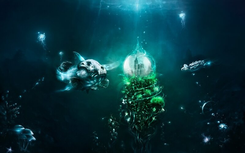 Underwater city with sea creatures
