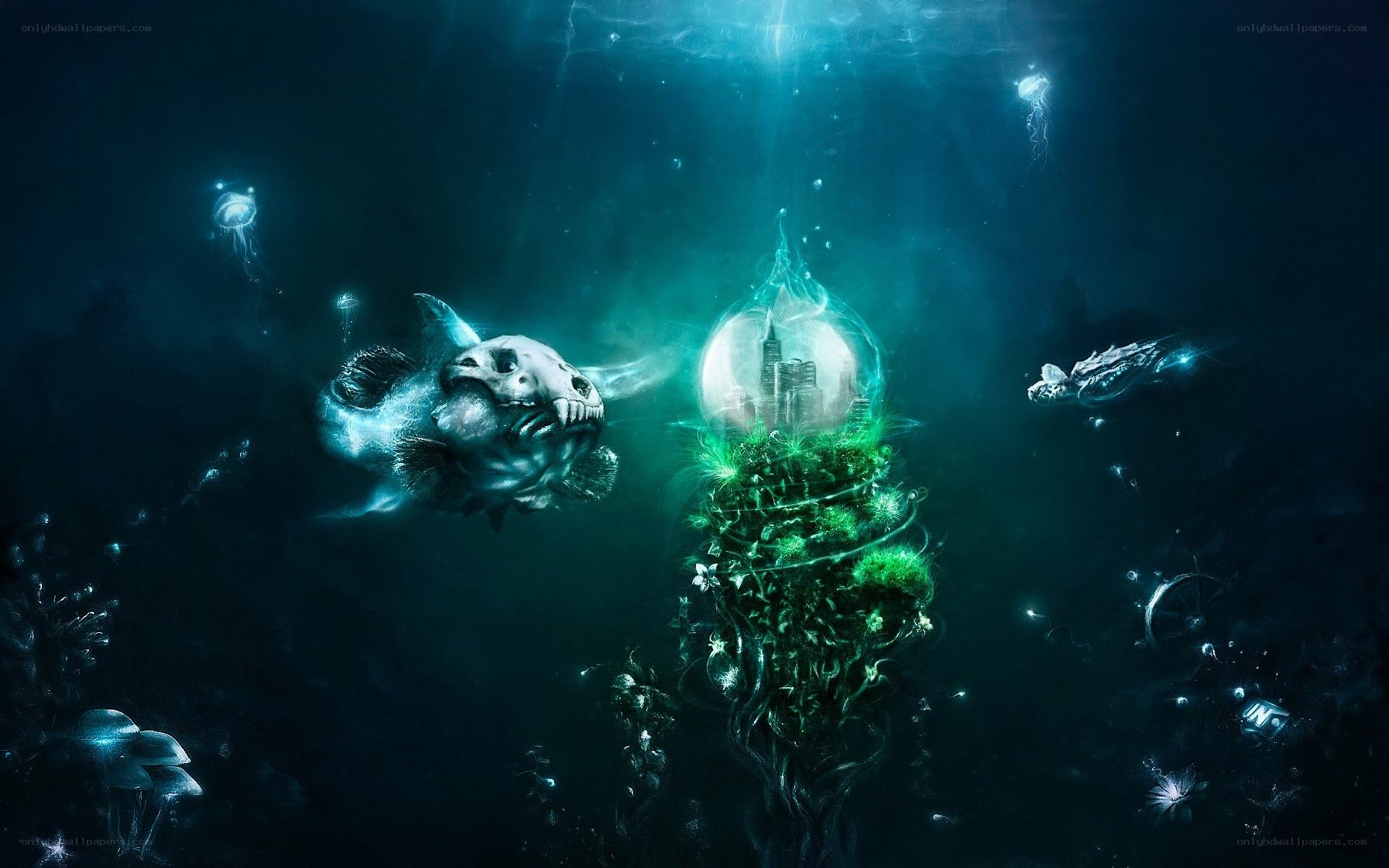 Underwater city with sea creatures