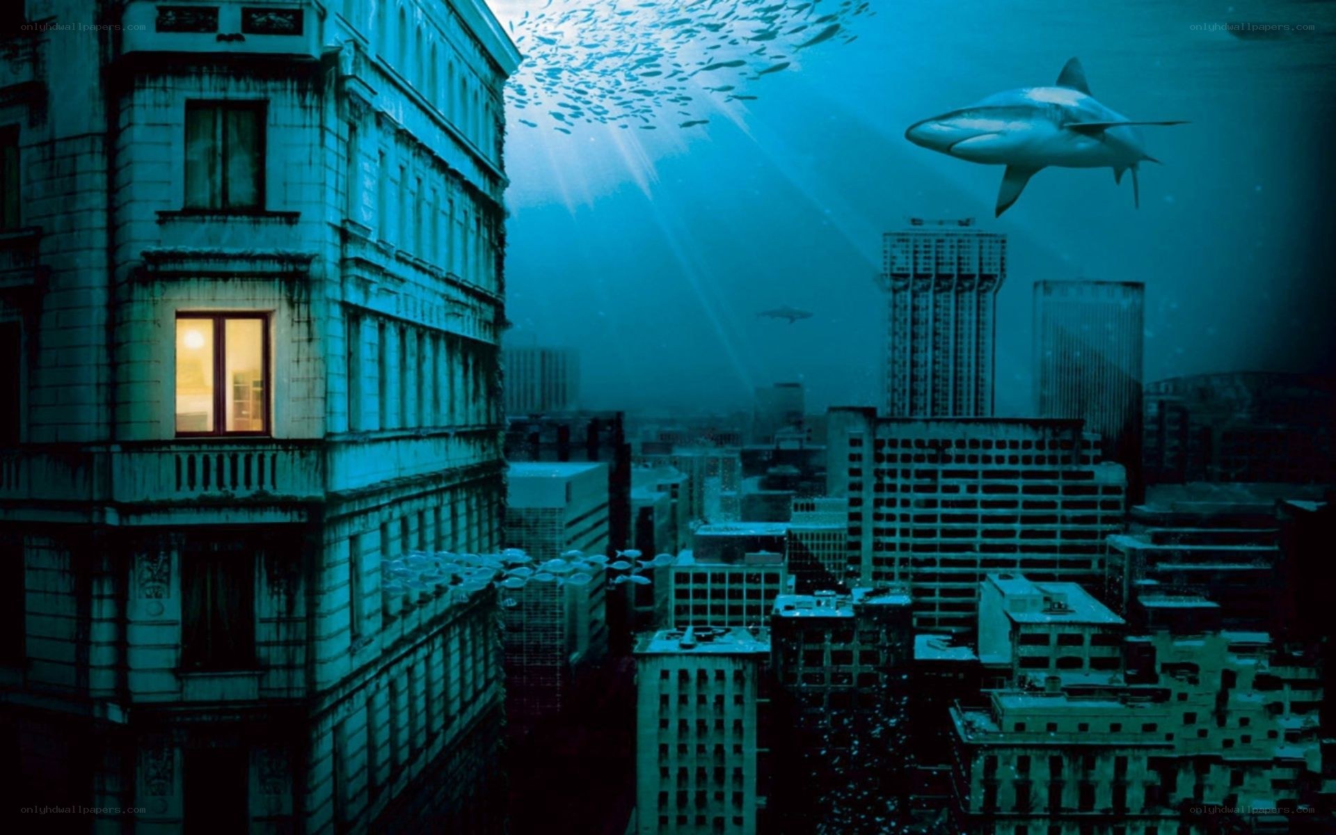 underwater city with shark