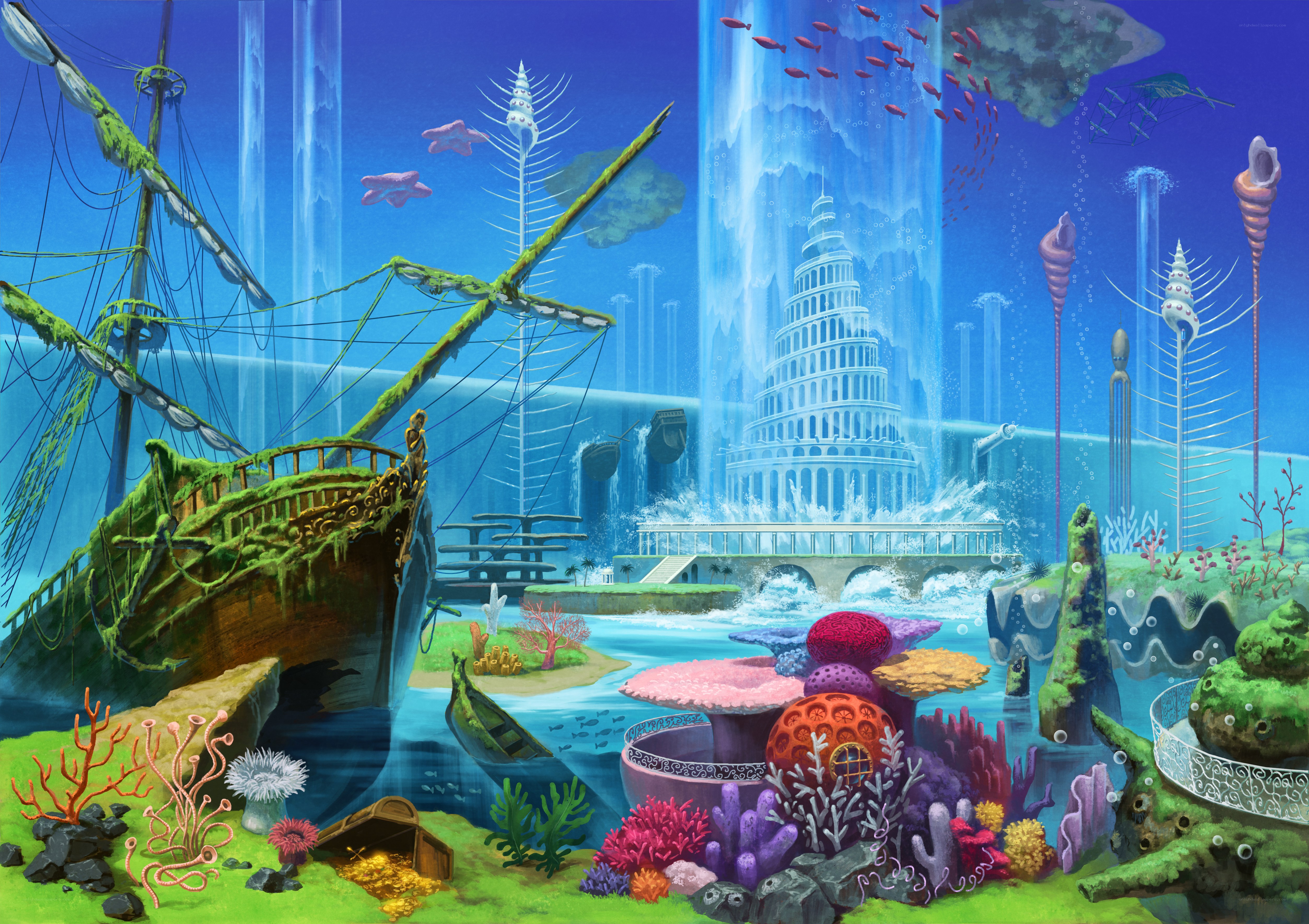 Underwater city with shipwreck