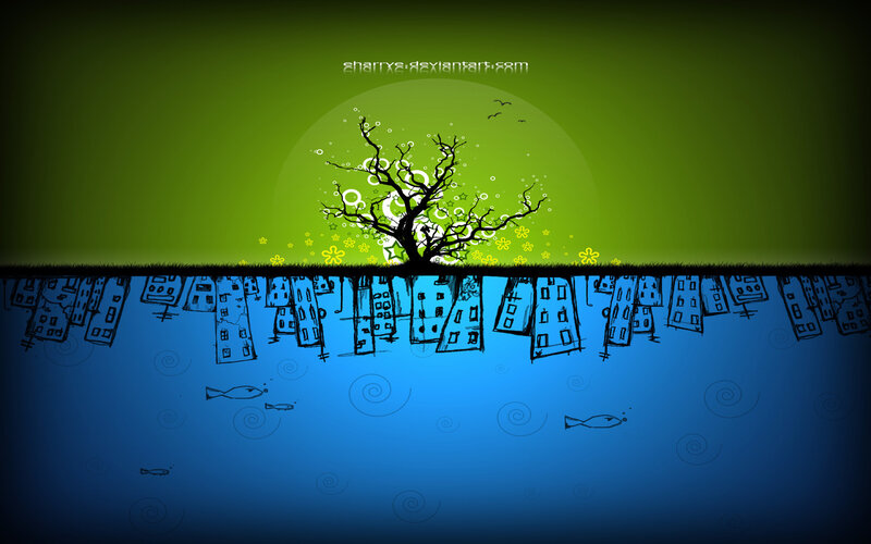 underwater city with tree
