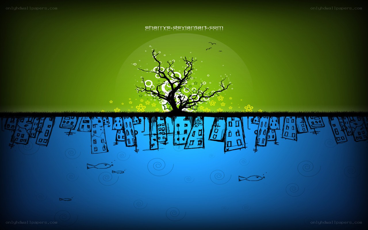 underwater city with tree