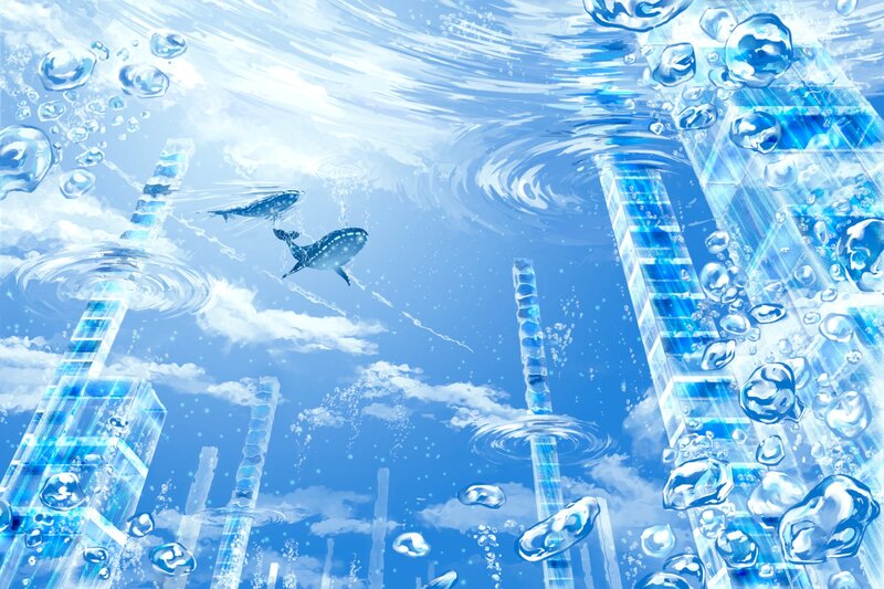 Underwater city with whales