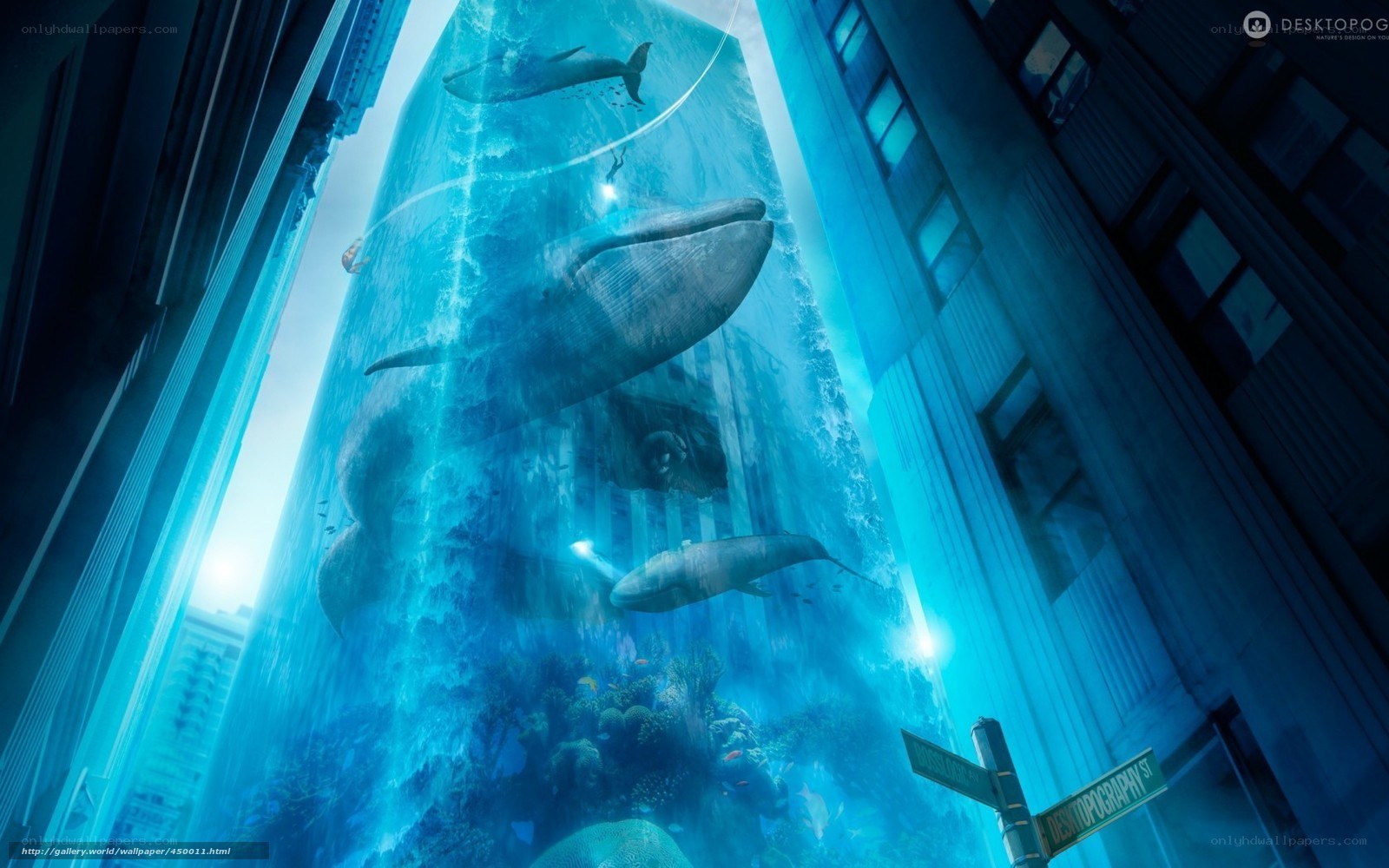 underwater city with whales