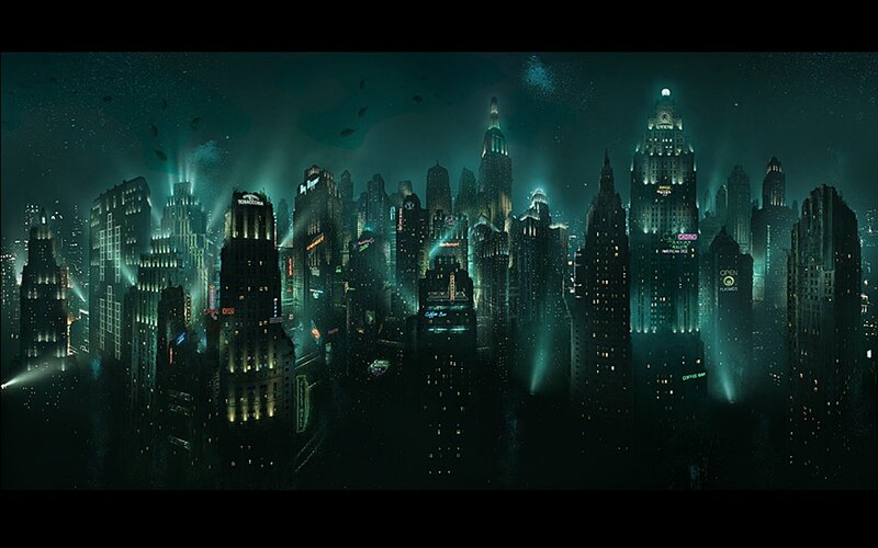 underwater cityscape at night