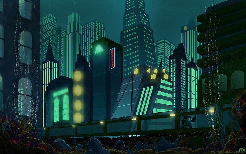 underwater cityscape at night
