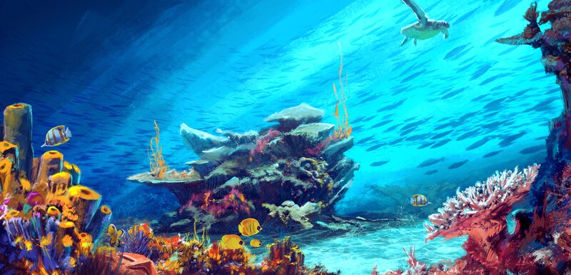 Underwater Coral Reef — Blue, Serene, Afternoon, Digital Art, Fish, Sea Turtle