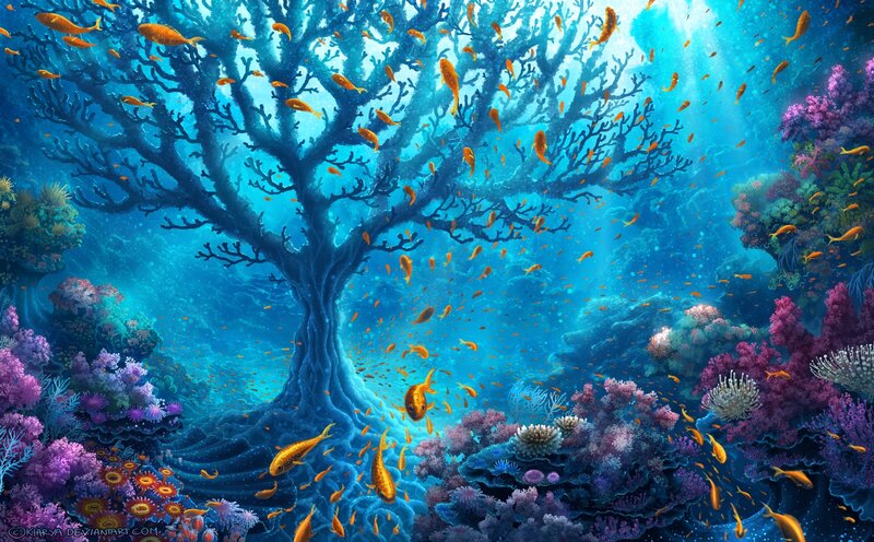 Underwater Coral Reef — Blue, Serene, Digital Art, Fish, Sunlight